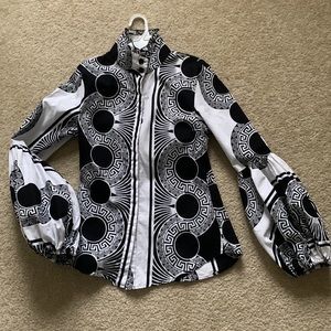 Black and White Puffy Sleeve High Neck Collar Button Down Size Small